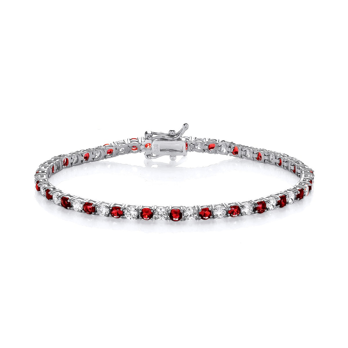 A sterling silver tennis bracelet with simulated rubies and cubic zirconia shown on a white background.