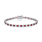 A sterling silver tennis bracelet with simulated rubies and cubic zirconia shown on a white background.