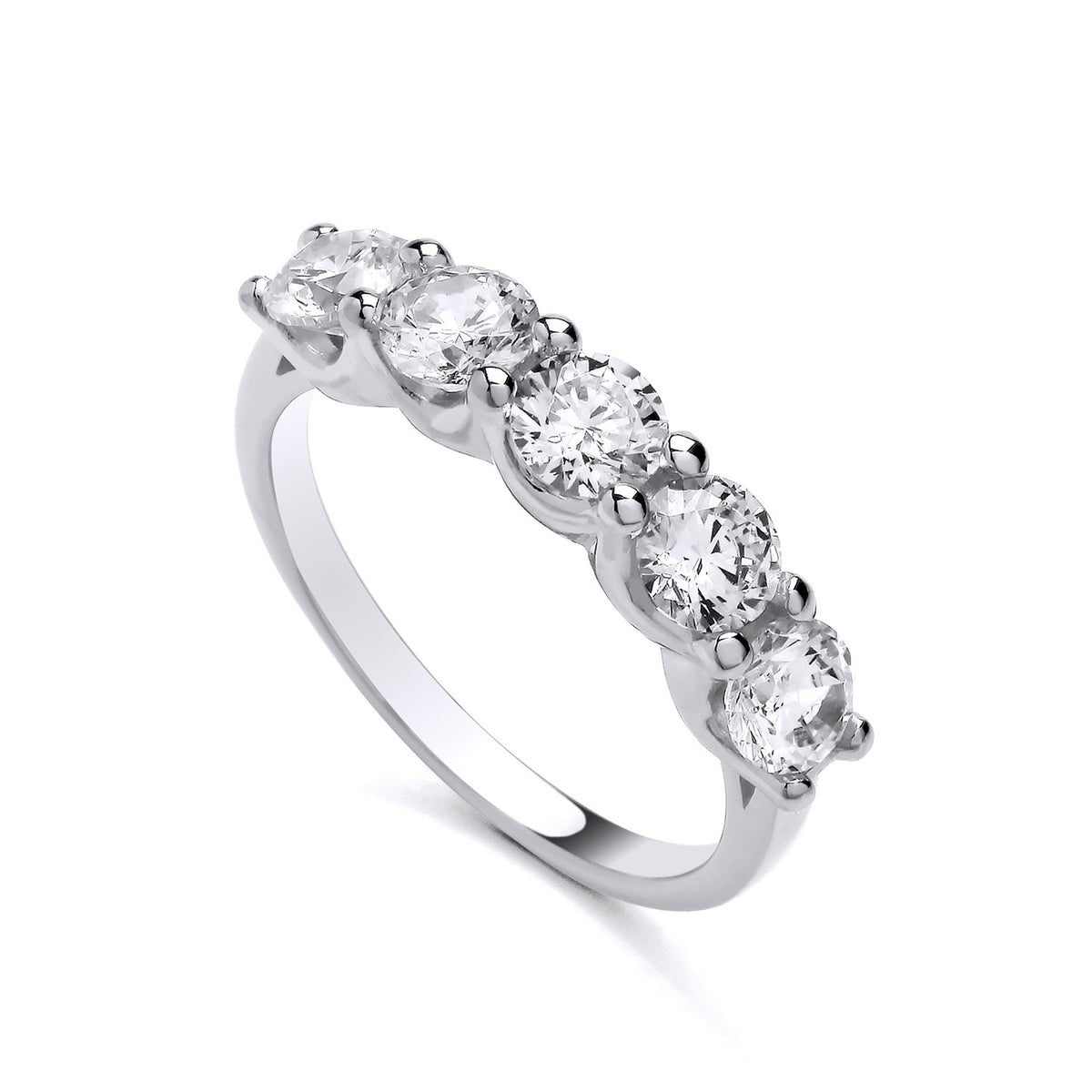 This sterling silver eternity ring from Silversmiths has five claw-set cubic zirconia stones in a single row.