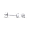 Silversmiths 4mm sterling silver stud earrings with bezel-set cubic zirconia, shown from side and front views.
