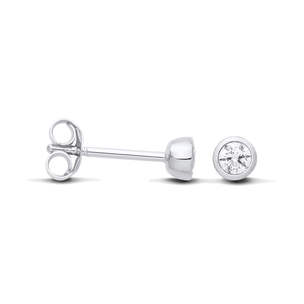 Silversmiths 4mm sterling silver stud earrings with bezel-set cubic zirconia, shown from side and front views.