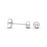 Silversmiths 4mm sterling silver stud earrings with bezel-set cubic zirconia, shown from side and front views.