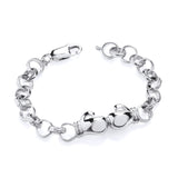 A Silversmiths sterling silver child’s boxing glove bracelet with two charms, shown on a white background.