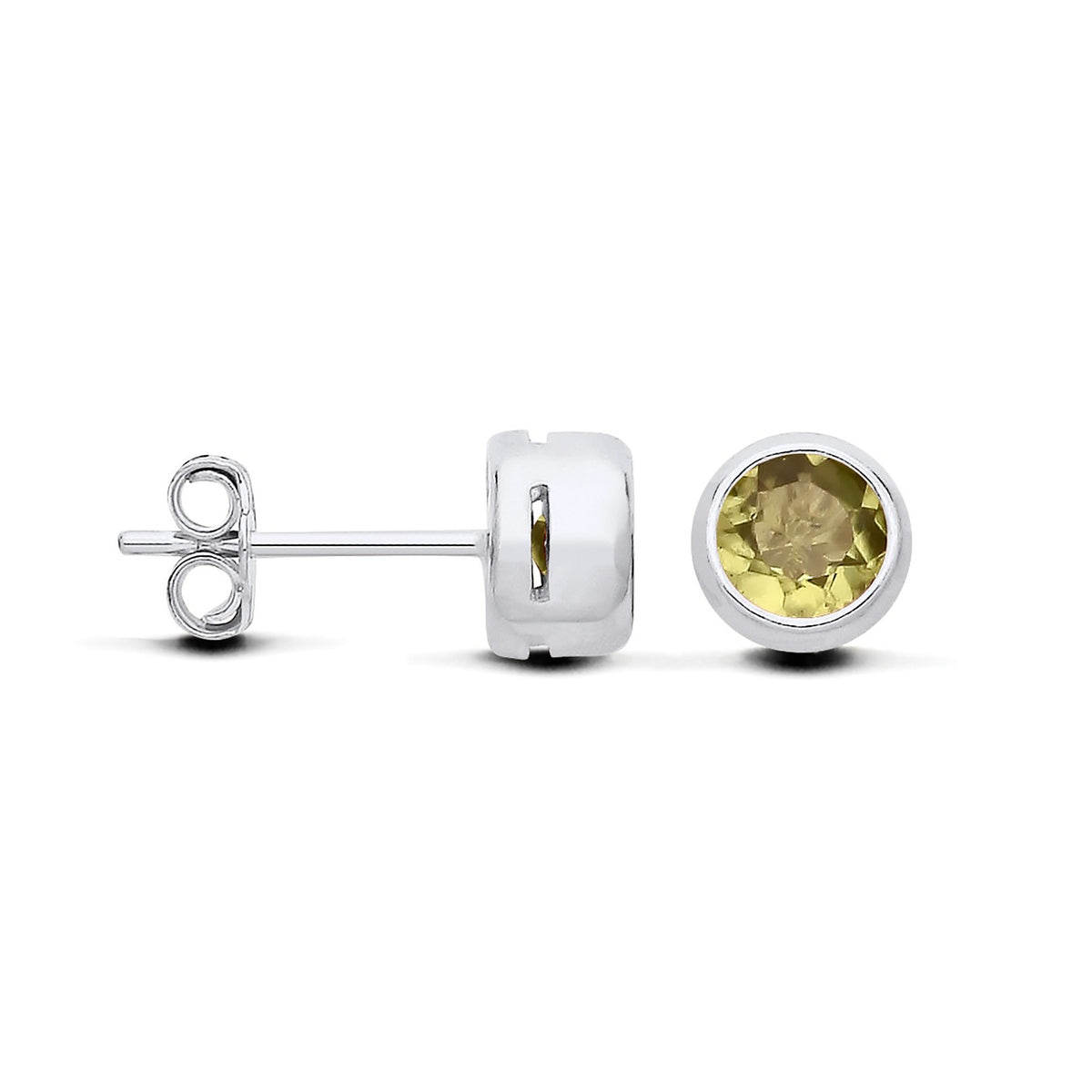 Sterling silver stud earrings by Silversmiths featuring natural peridot stones in a radiant round design on white.