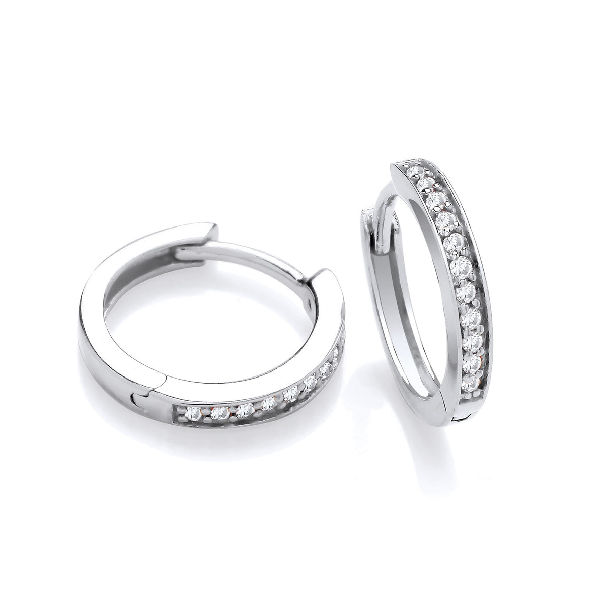 Silversmiths sterling silver huggie hoops with pavé cubic zirconia displayed against a white background.