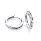 Silversmiths sterling silver huggie hoops with pavé cubic zirconia displayed against a white background.
