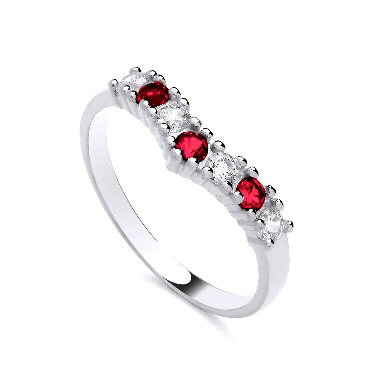 Sterling silver wishbone ring with alternating simulated ruby-red and clear cubic zirconia stones.
