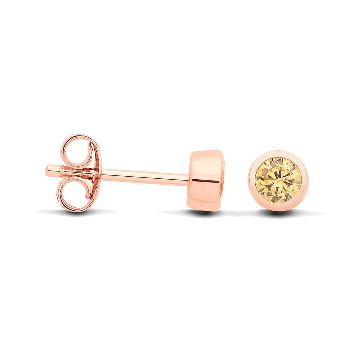 Rose gold plated silver stud earrings with simulated citrine, shown from front and side on a white background.