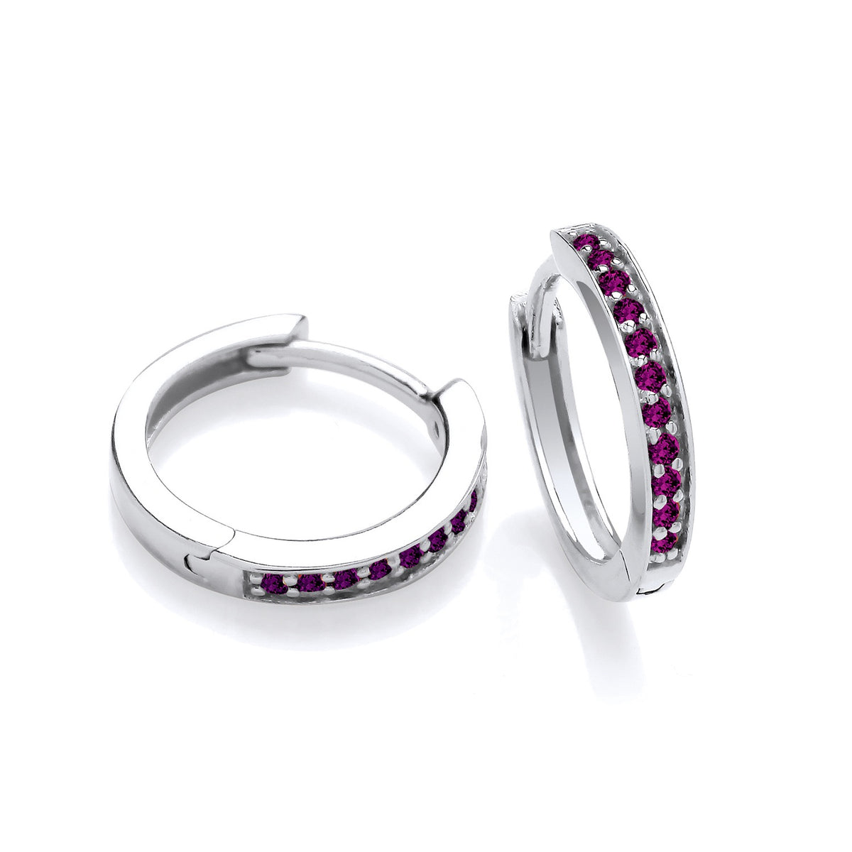 Sterling silver huggie hoops with simulated amethyst stones set along the front edge.