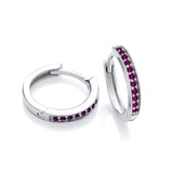 Sterling silver huggie hoops with simulated amethyst stones set along the front edge.