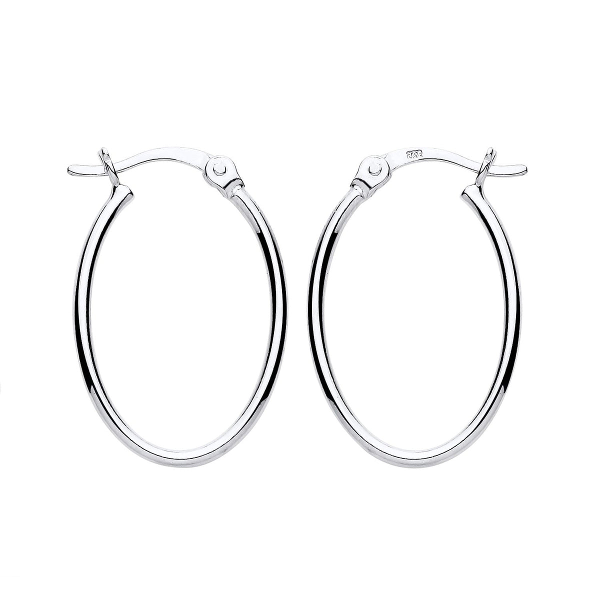 Sterling silver 22mm oval hoop earrings with latch backs, photographed on a plain white background.