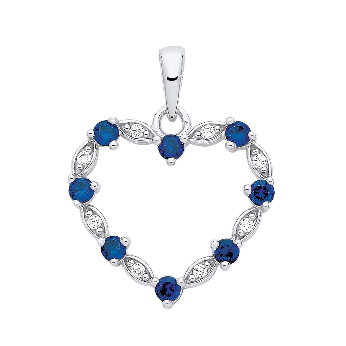 Sterling silver heart pendant featuring simulated sapphire and cubic zirconia, displayed on a plain white background.