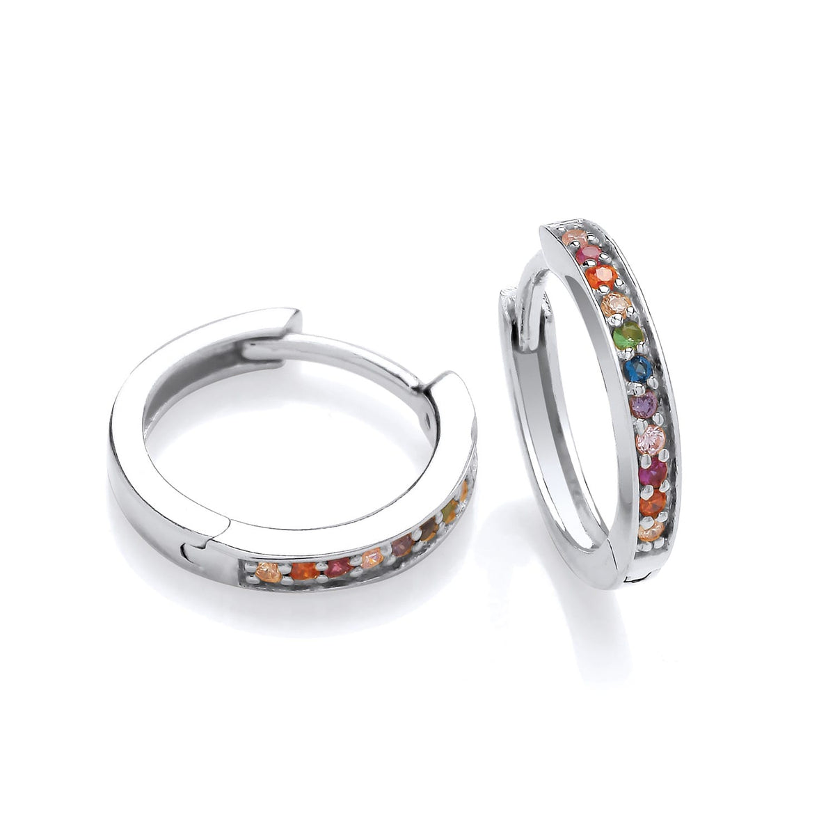 Sterling silver huggie hoop earrings with multicolored cubic zirconia stones on a white background.