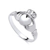 Sterling silver Claddagh ring features two hands holding a crowned heart, crafted by Silversmiths.