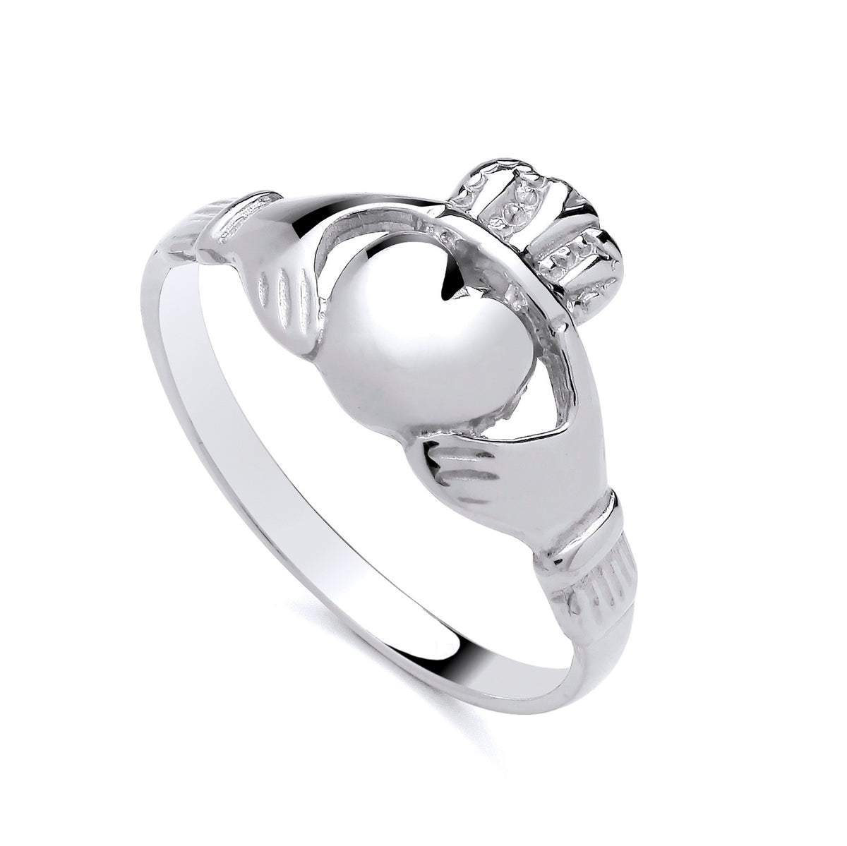 Sterling silver Claddagh ring features two hands holding a crowned heart, crafted by Silversmiths.