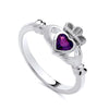 Sterling silver Claddagh ring featuring a heart-shaped simulated amethyst with crown and hands detailing.