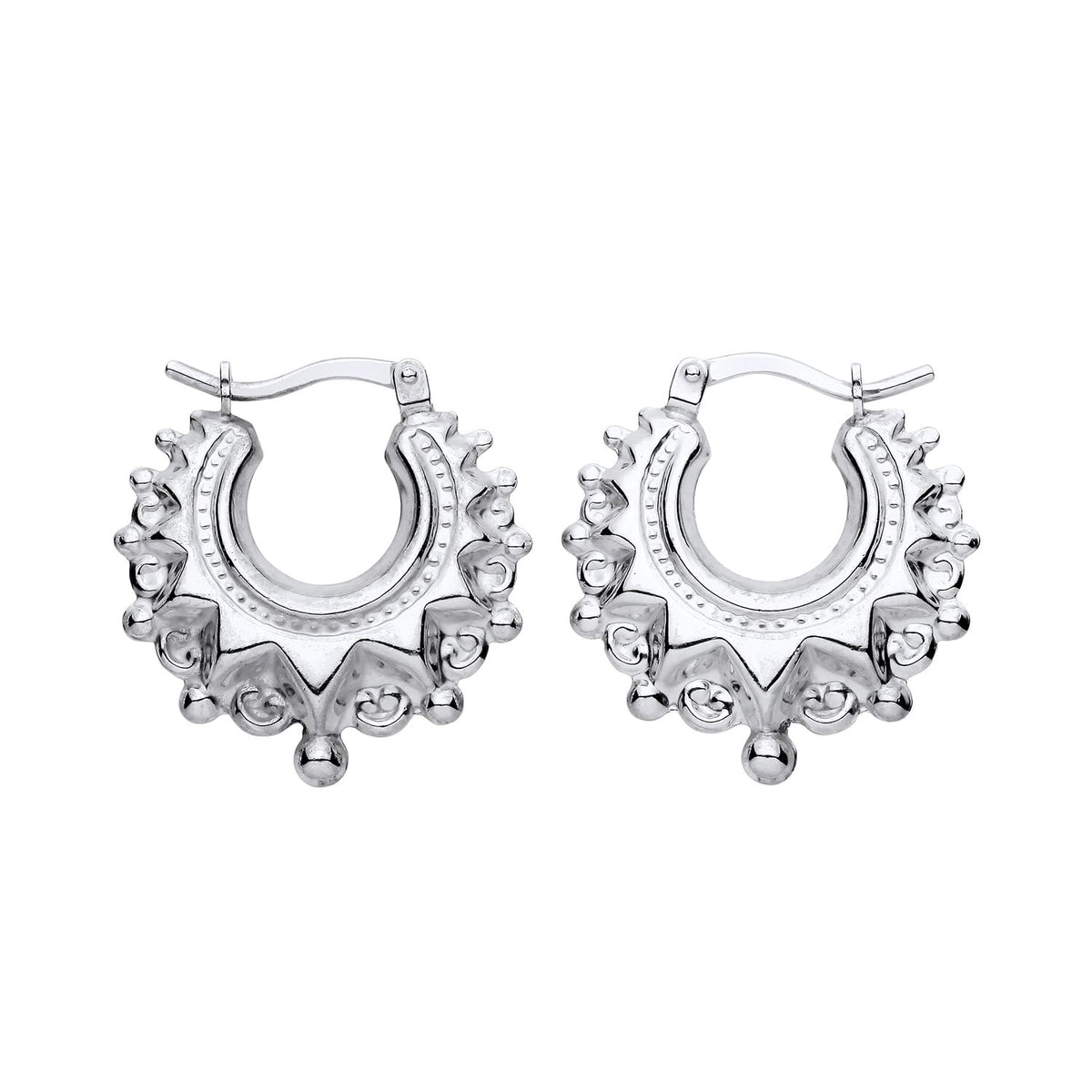 Sterling silver 20.5mm gypsy creole hoop earrings feature spiked edges and secure lever-back clasps.