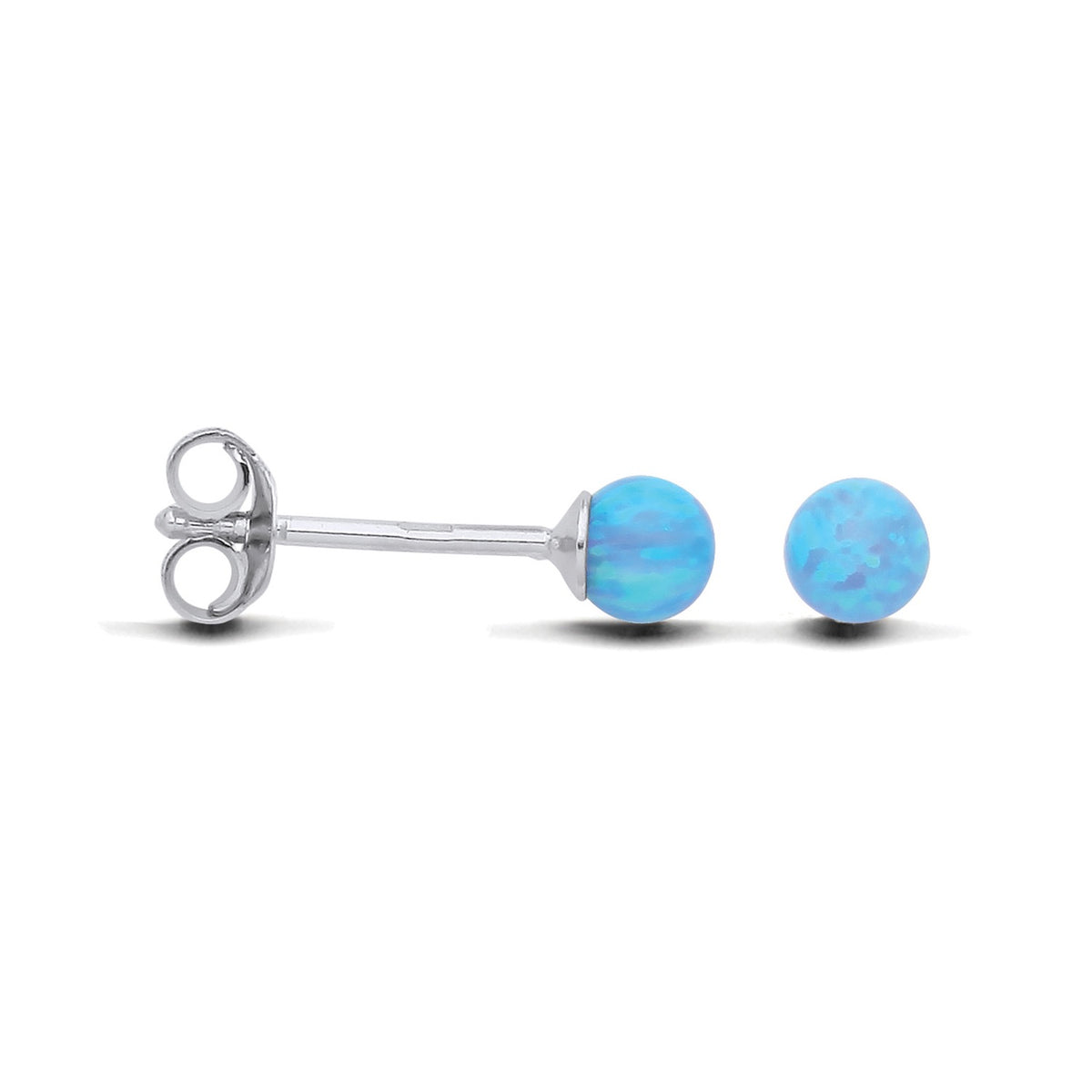 Silversmiths sterling silver round stud earrings with simulated blue opal, shown against a white background.