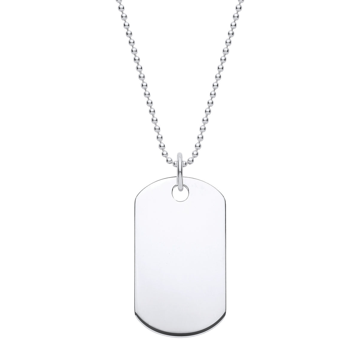 A plain 35mm men’s sterling silver dog tag necklace with a beaded chain shown on a white background.