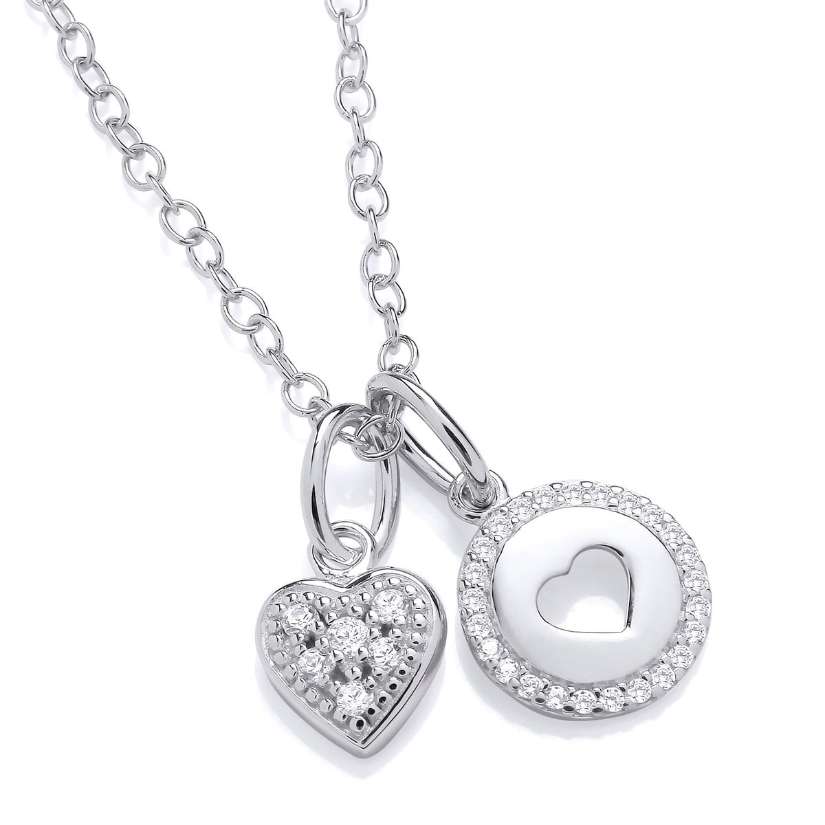 Sterling silver charm necklace featuring a cubic zirconia halo and heart cutout framed by crystal accents.