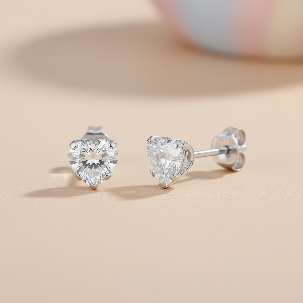 A pair of 6mm heart-cut cubic zirconia stud earrings in sterling silver shown on a light beige surface.