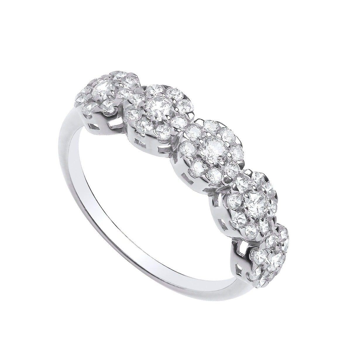 Sterling silver cubic halo cluster eternity ring from Silversmiths shown against a plain white background.