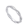 Silversmiths sterling silver ring with cubic zirconia and a twisted band on a plain white background.