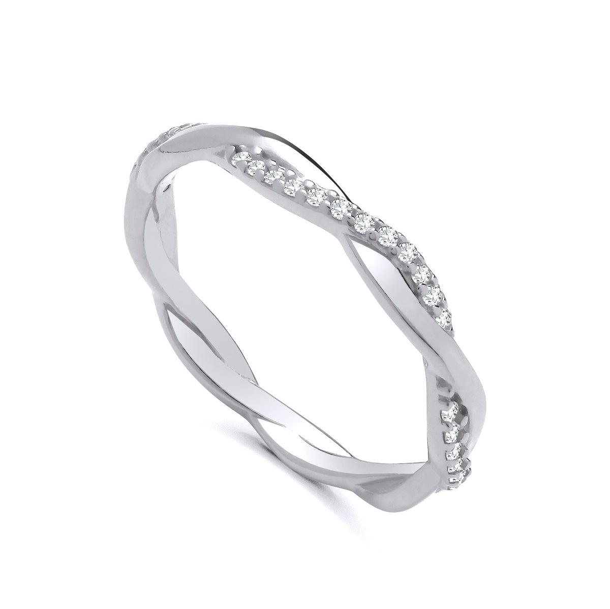 Silversmiths sterling silver ring with cubic zirconia and a twisted band on a plain white background.