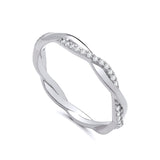 Silversmiths sterling silver ring with cubic zirconia and a twisted band on a plain white background.