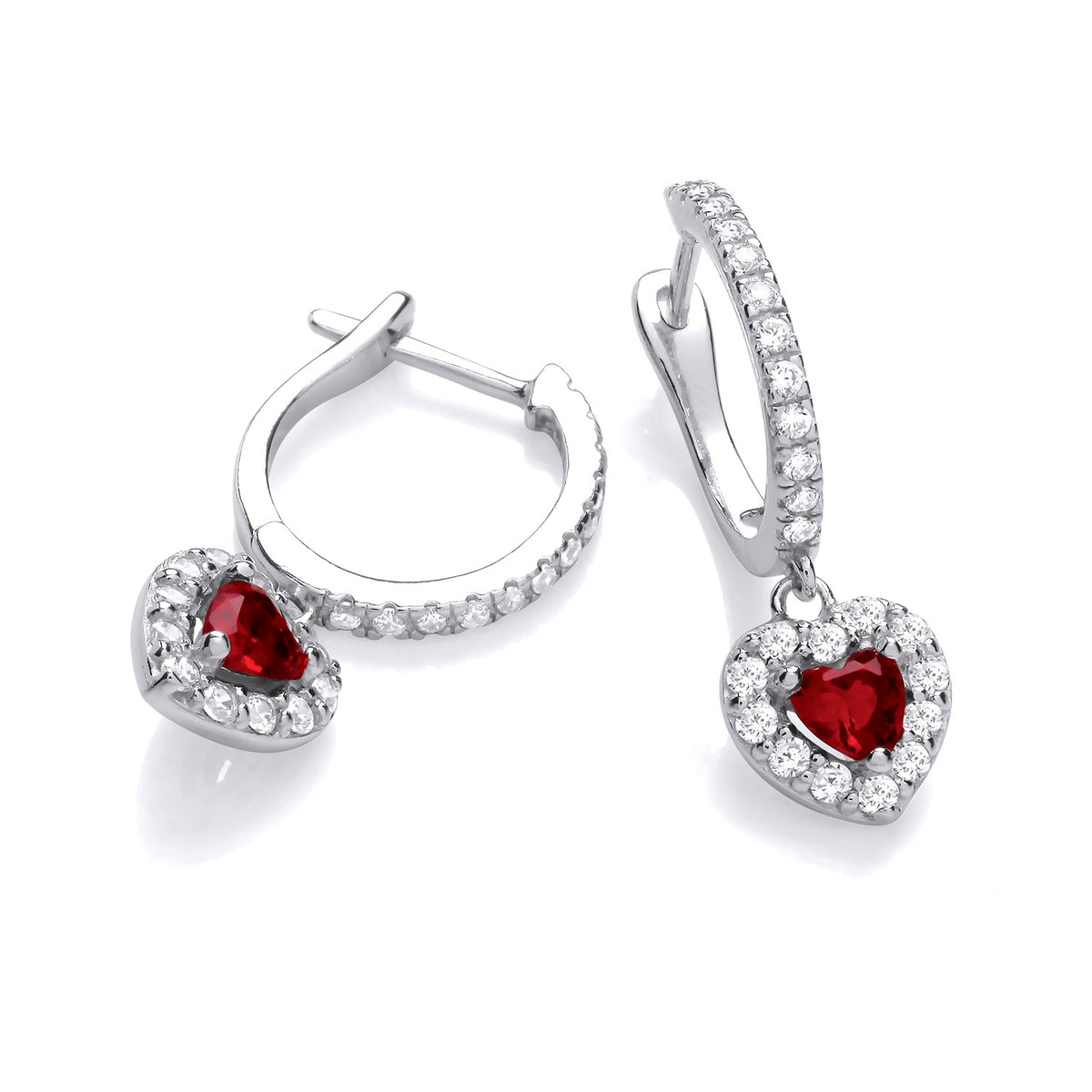 Silversmiths sterling silver hoop earrings feature heart-shaped simulated rubies and CZ drops on a white background.