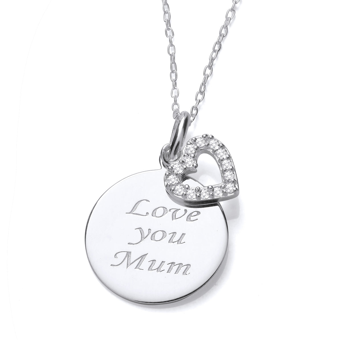 Sterling silver necklace with a “Love You Mum” disc and a cubic zirconia heart on a fine chain.