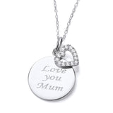 Sterling silver necklace with a “Love You Mum” disc and a cubic zirconia heart on a fine chain.