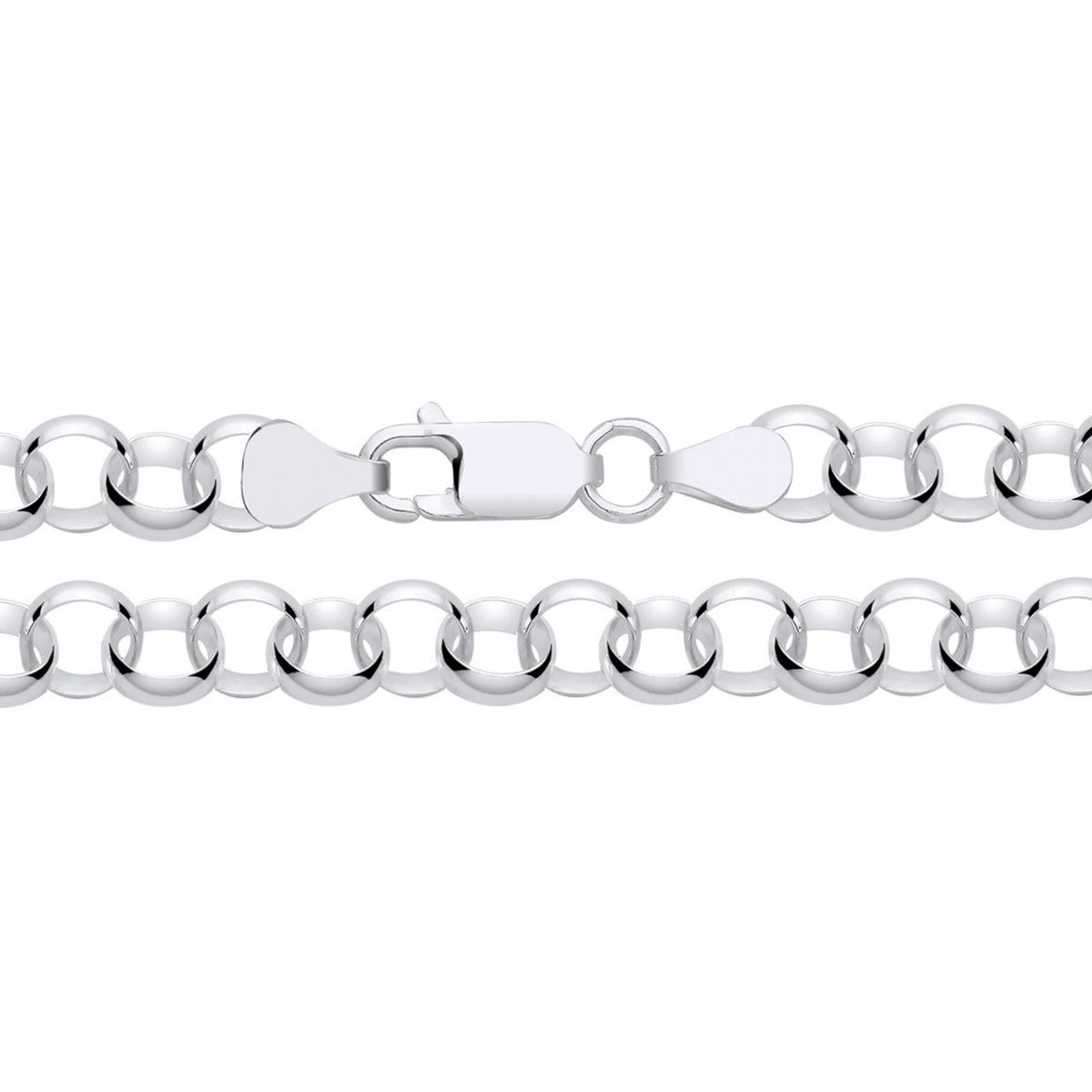 Silversmiths 6.8mm sterling silver Belcher chain necklace with round links and lobster clasp, displayed from two angles.