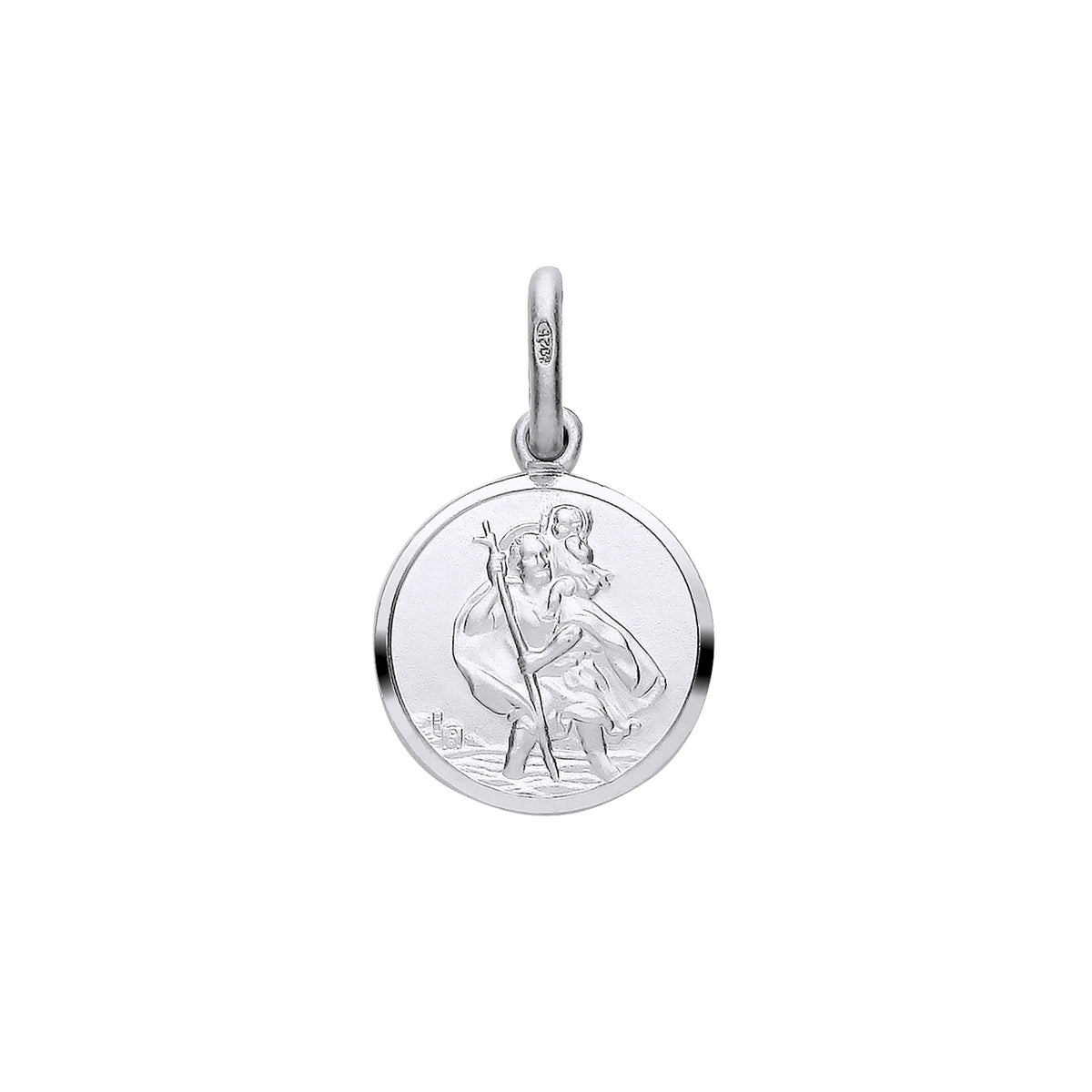 This 12mm sterling silver St Christopher pendant by Silversmiths has an engraved figure and a plain top loop.