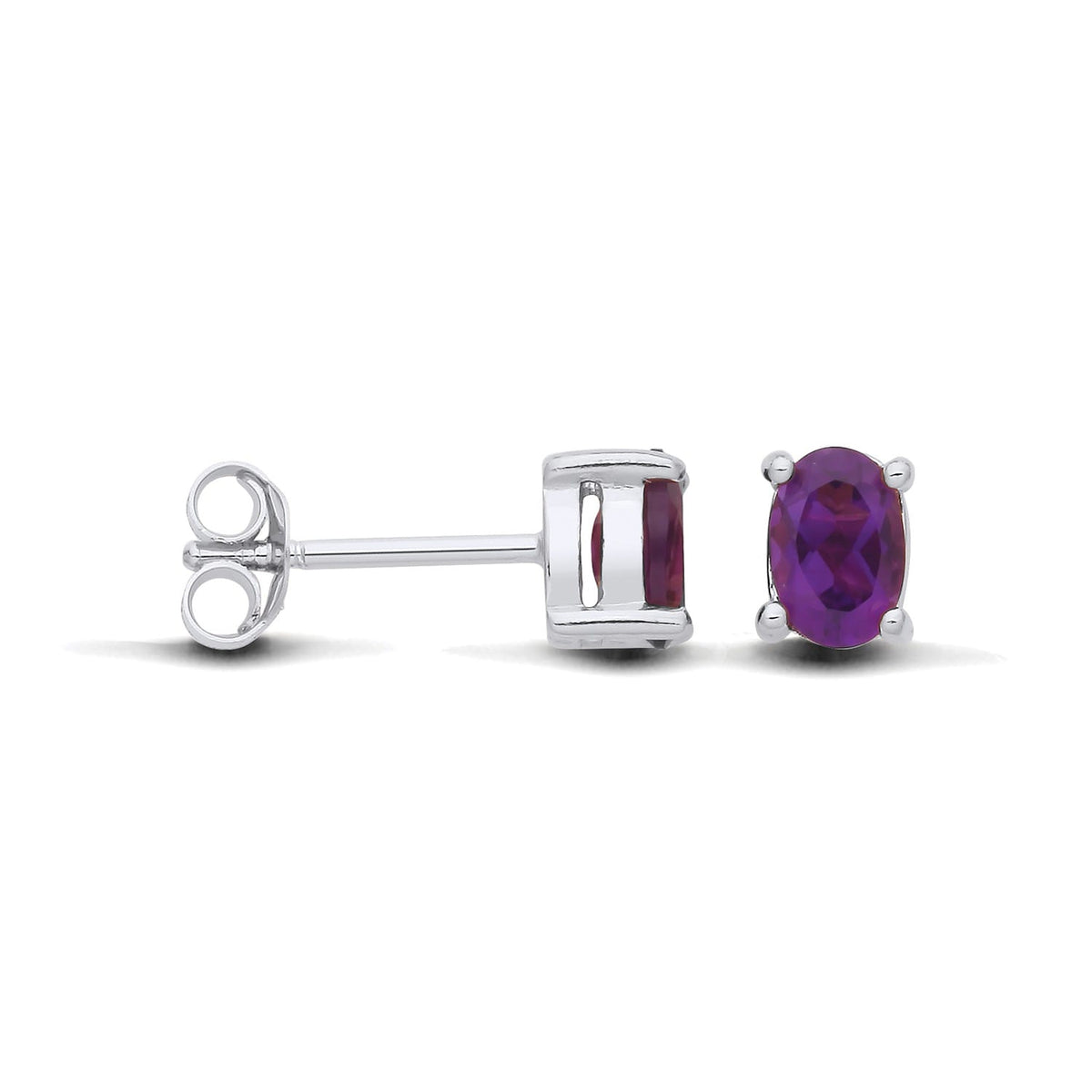 Sterling silver oval stud earrings with natural amethyst, displayed from both the front and side views.