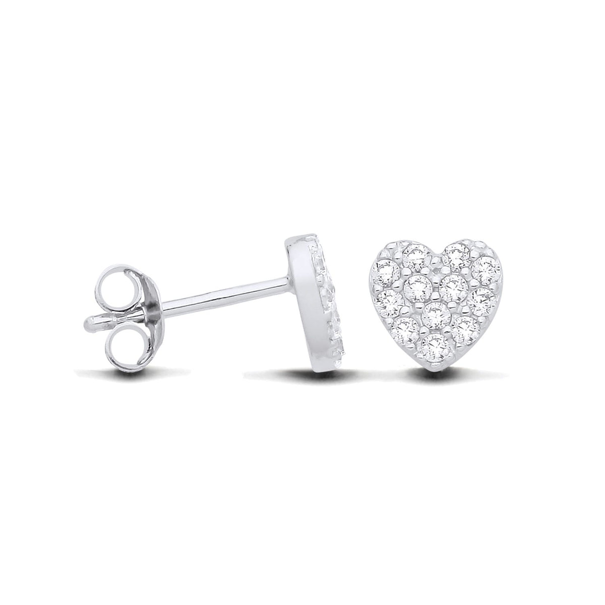 Silversmiths sterling silver heart stud earrings with pavé cubic zirconia, front and side views on white background.