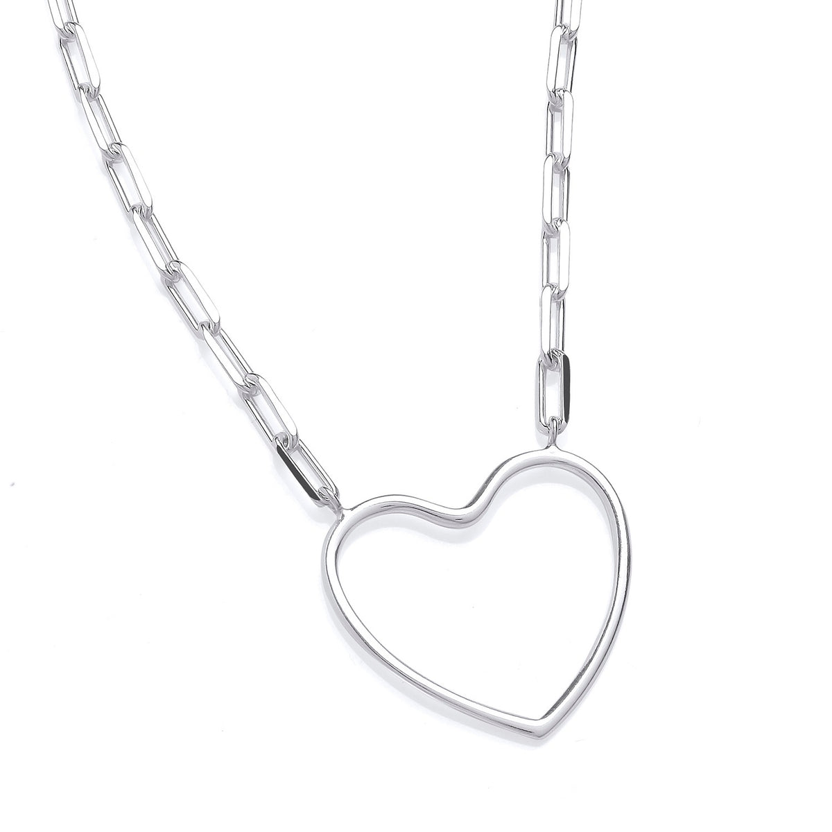 Sterling silver paperclip chain necklace with an open heart pendant from Silversmiths.