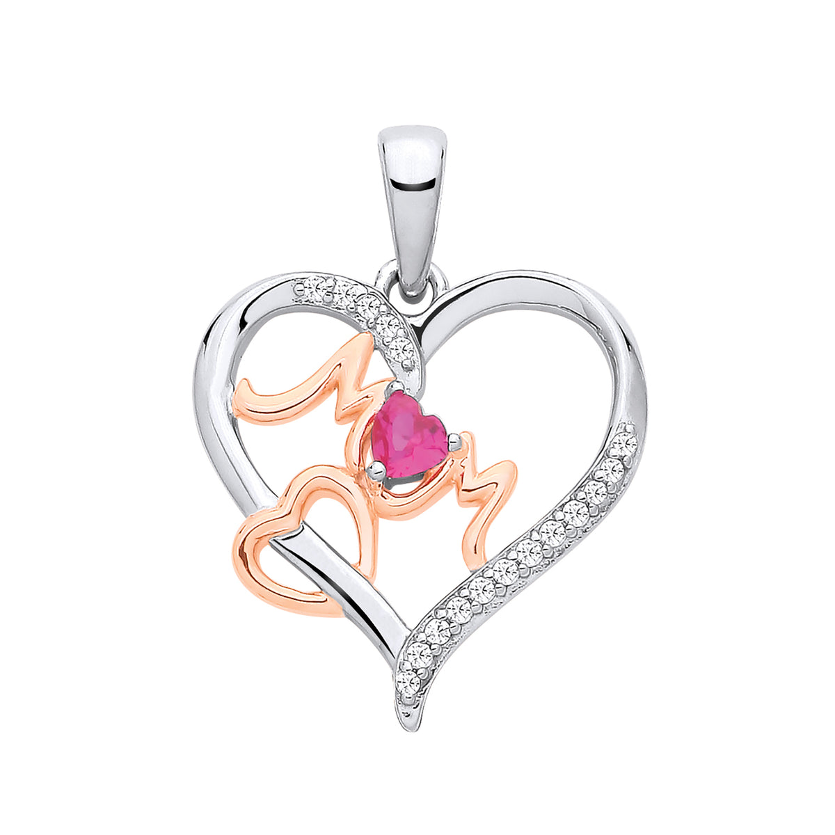 Two-tone rose gold plated silver heart pendant with “Mum,” simulated ruby, and sparkling accents by Silversmiths.