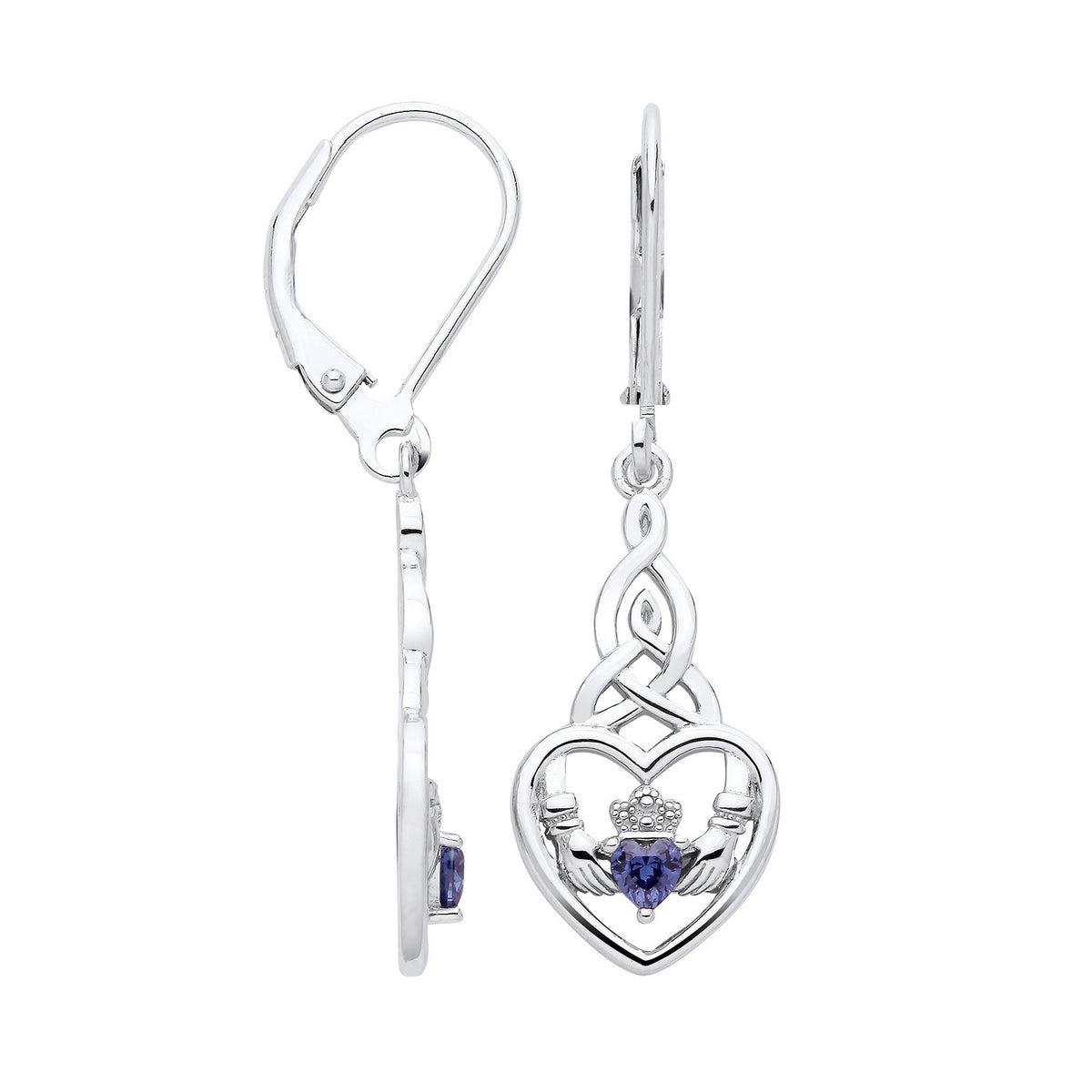 Sterling silver Claddagh drop earrings feature simulated tanzanite stones and a Celtic-inspired design.