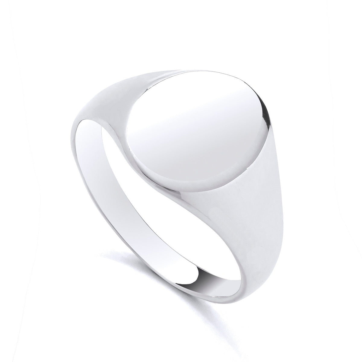 Sterling silver oval signet ring with a smooth face and a polished, plain band.