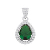 Sterling silver pendant with a pear-cut simulated emerald and cubic zirconia in a teardrop design.