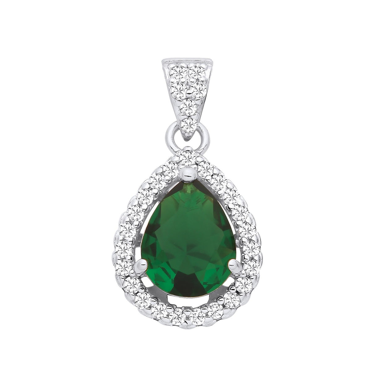 Sterling silver pendant with a pear-cut simulated emerald and cubic zirconia in a teardrop design.