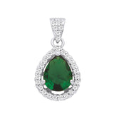 Sterling silver pendant with a pear-cut simulated emerald and cubic zirconia in a teardrop design.