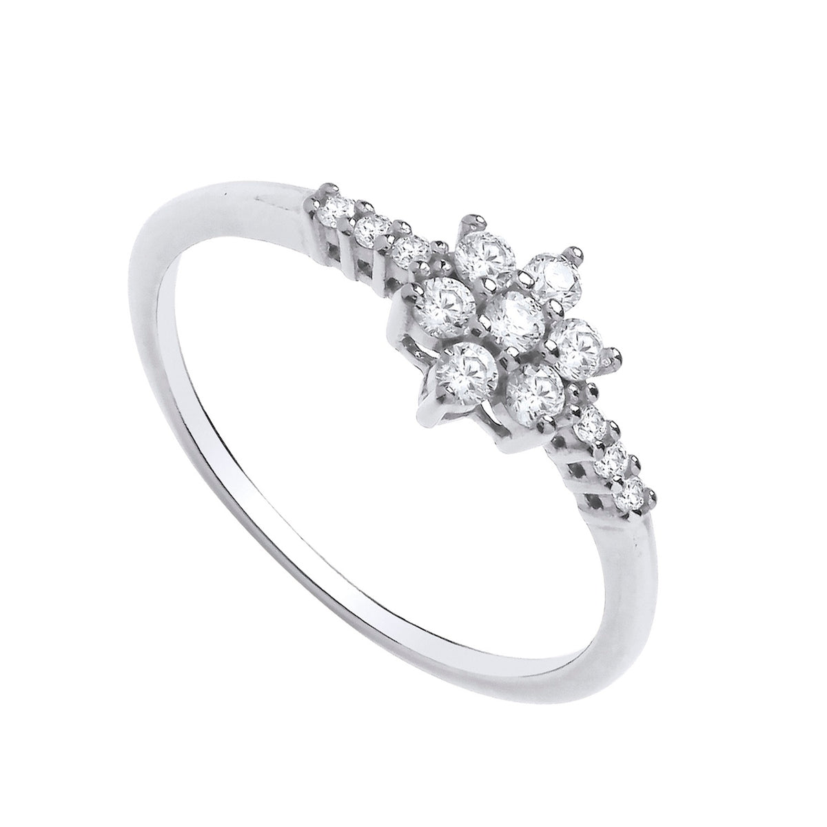 Sterling silver ring with a cluster of cubic zirconia set in a daisy floral pattern on a slim band.