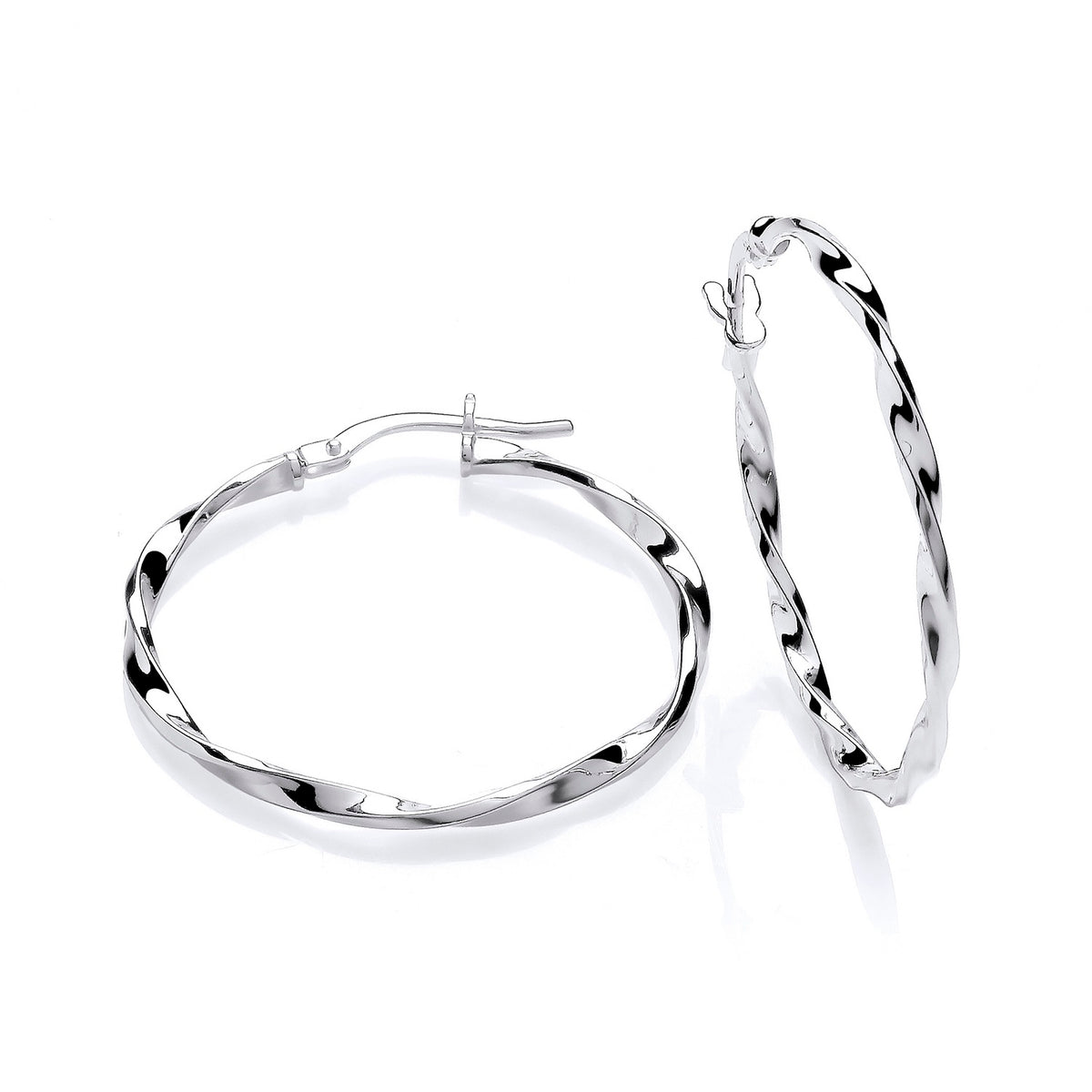 A pair of 30mm sterling silver twist hoop earrings, one lying flat and one upright, on a white background.
