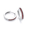 Silversmiths sterling silver huggie hoop earrings set with simulated ruby stones along the outer edge.