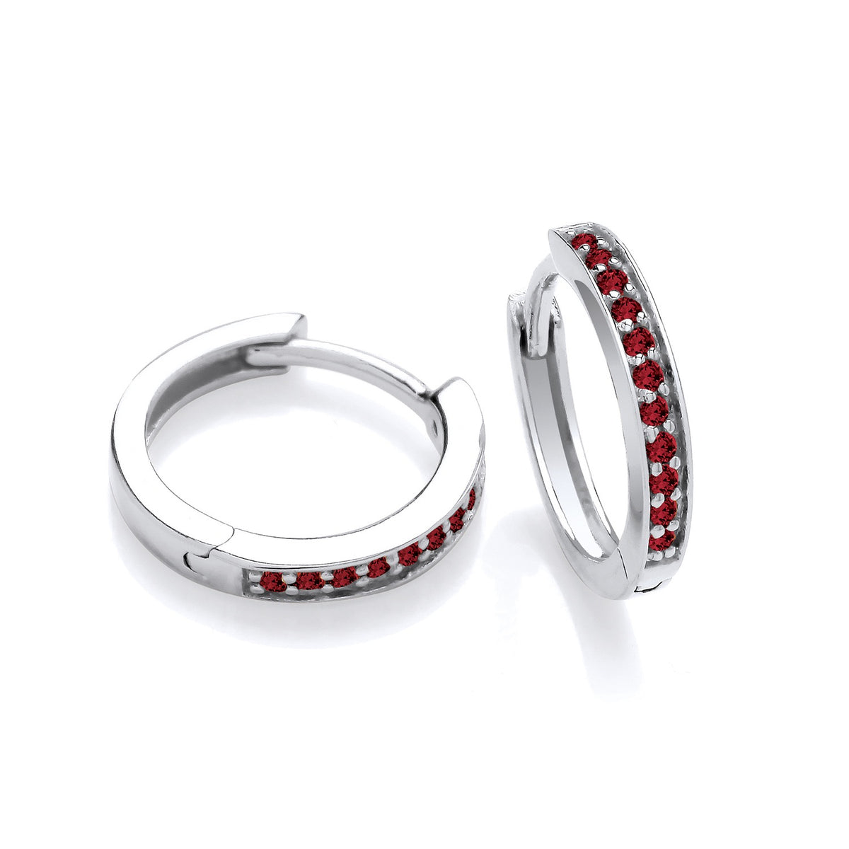 Silversmiths sterling silver huggie hoop earrings set with simulated ruby stones along the outer edge.