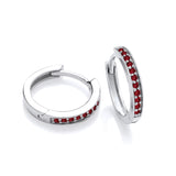 Silversmiths sterling silver huggie hoop earrings set with simulated ruby stones along the outer edge.