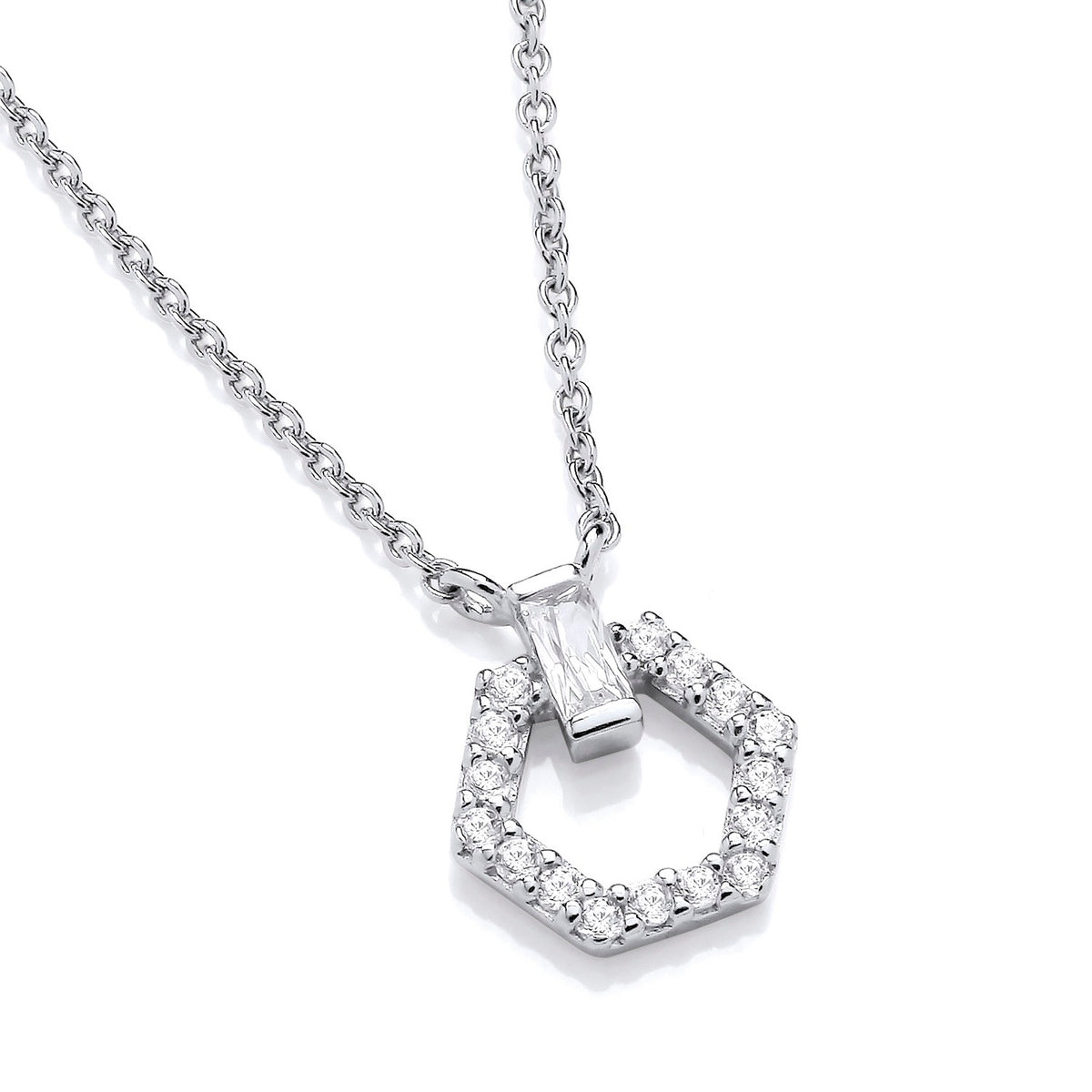 Sterling silver necklace with a cubic zirconia hexagon pendant on a slim cable chain.