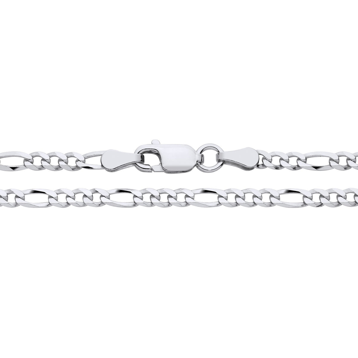 A 2.9mm sterling silver flat Figaro chain necklace by Silversmiths is shown close-up on a white background.